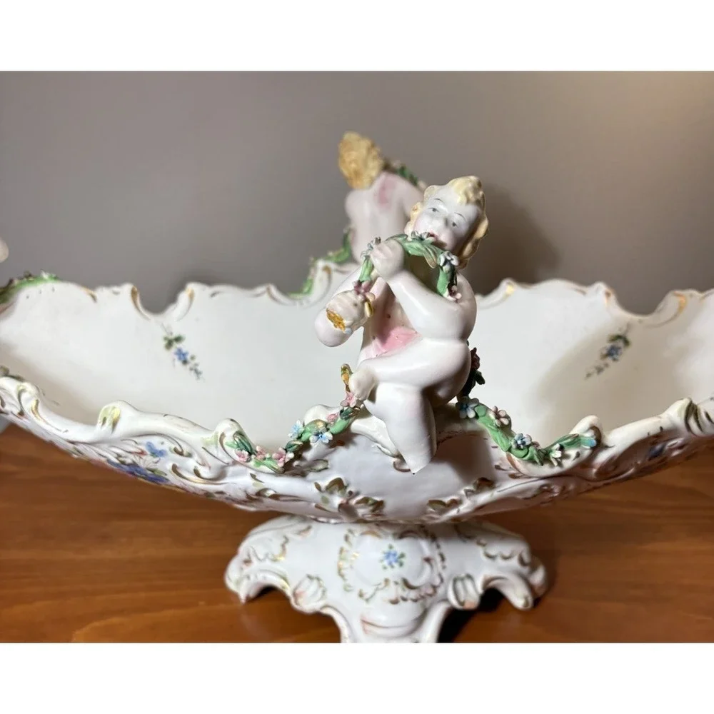 Vintage Capodimonte Italy Cherub Centerpiece Bowl Hand Painted Signed 20x10x9
